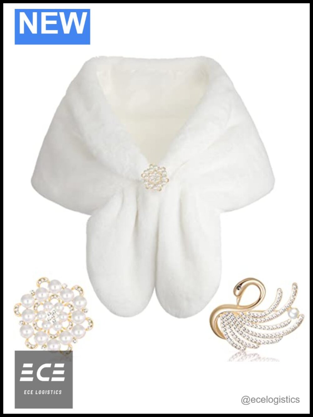 Faux Fur Shawl Wrap Stole Shrug with Pearl Rhinestone Brooches
